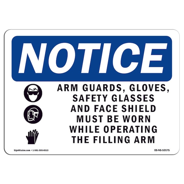 OSHA Sign, Arm Guards Gloves Glasses With Symbol, 18in X 12in Aluminum, 18" W, 12" H, Landscape